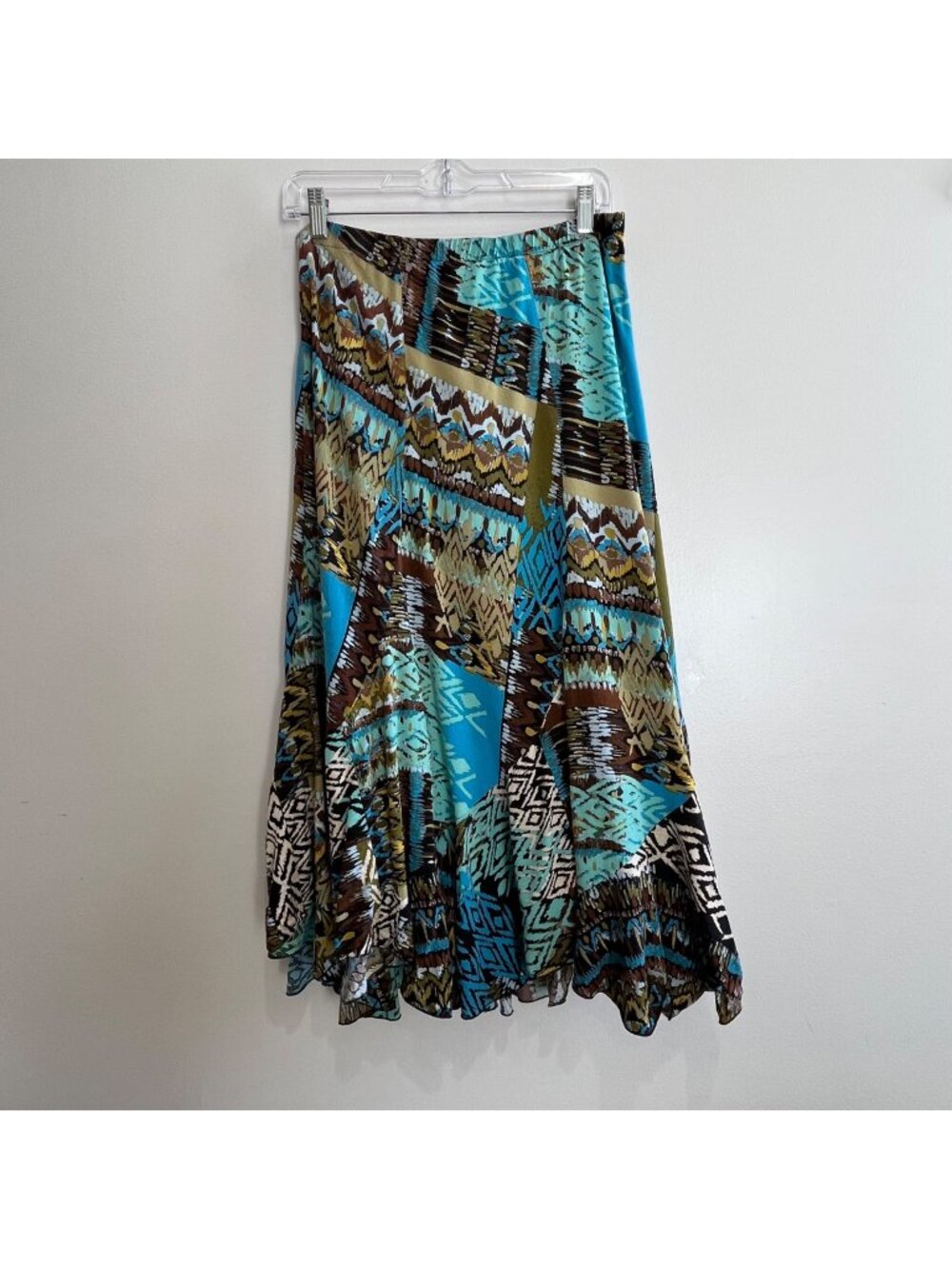 Kim Rogers Y2K Asymmetrical Hem Maxi Skirt Womens M Blue Tribal Print Boho Flowy
